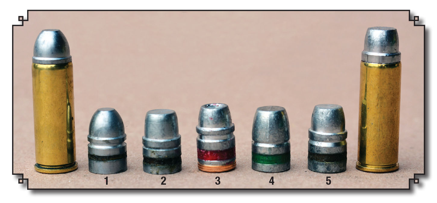 Cast bullets can be excellent choices for .45 Colt +P  data. Examples include: (1) 263-grain RCBS 45-250-FN, (2) 260-grain Lyman/Keith 454424, (3) Rim Rock 260-grain SWC-HP w/gc, (4) 275-grain Hunters Supply Flat Point and (5) 285-grain RCBS 45-270-SAA.